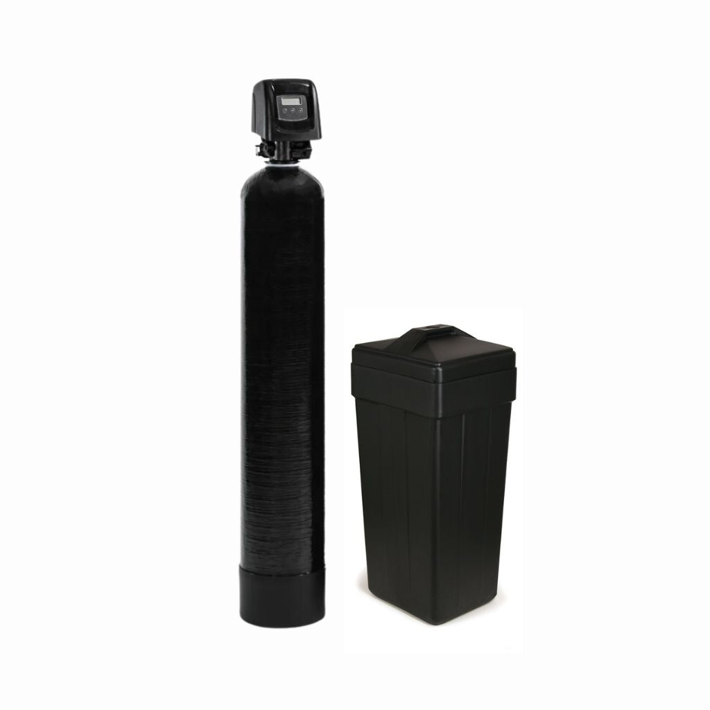 Water softener tank with Fleck 5800SXT metered valve beside a black brine tank